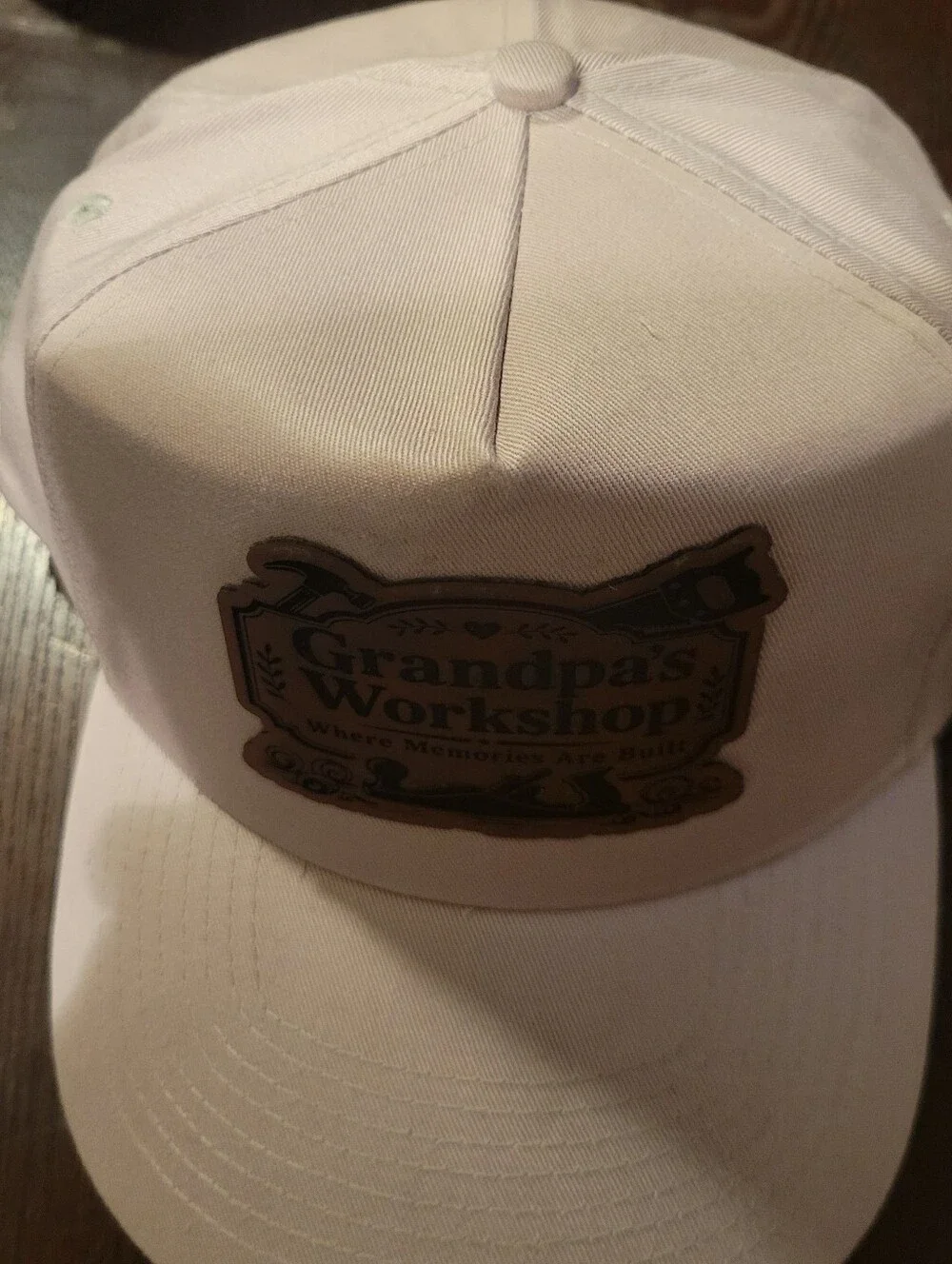 NEW Grandpa's Workshop Tan Hat W/ Custom Leather Patch Adjustable 6 Panel